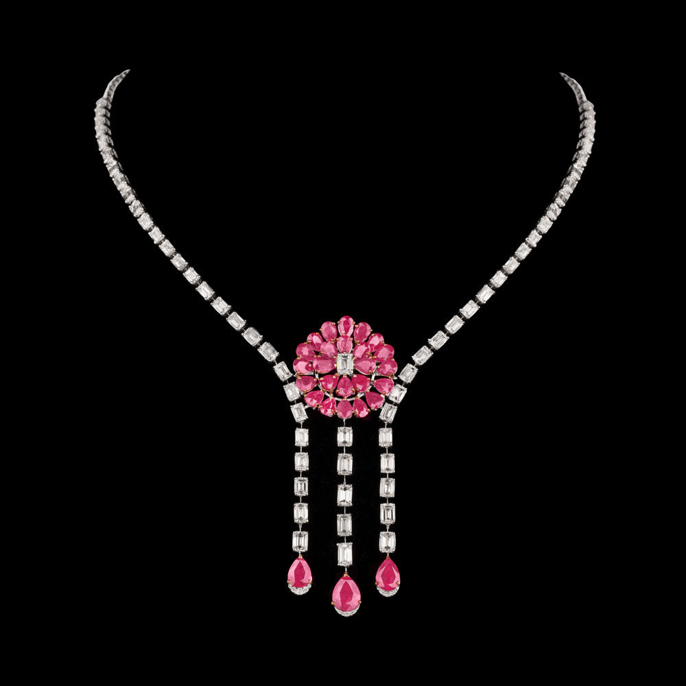 18K White Gold Diamond Necklace - 18.74ct VVS-VS-GH with Colour Stones