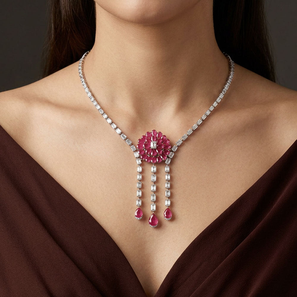 18K White Gold Diamond Necklace - 18.74ct VVS-VS-GH with Colour Stones