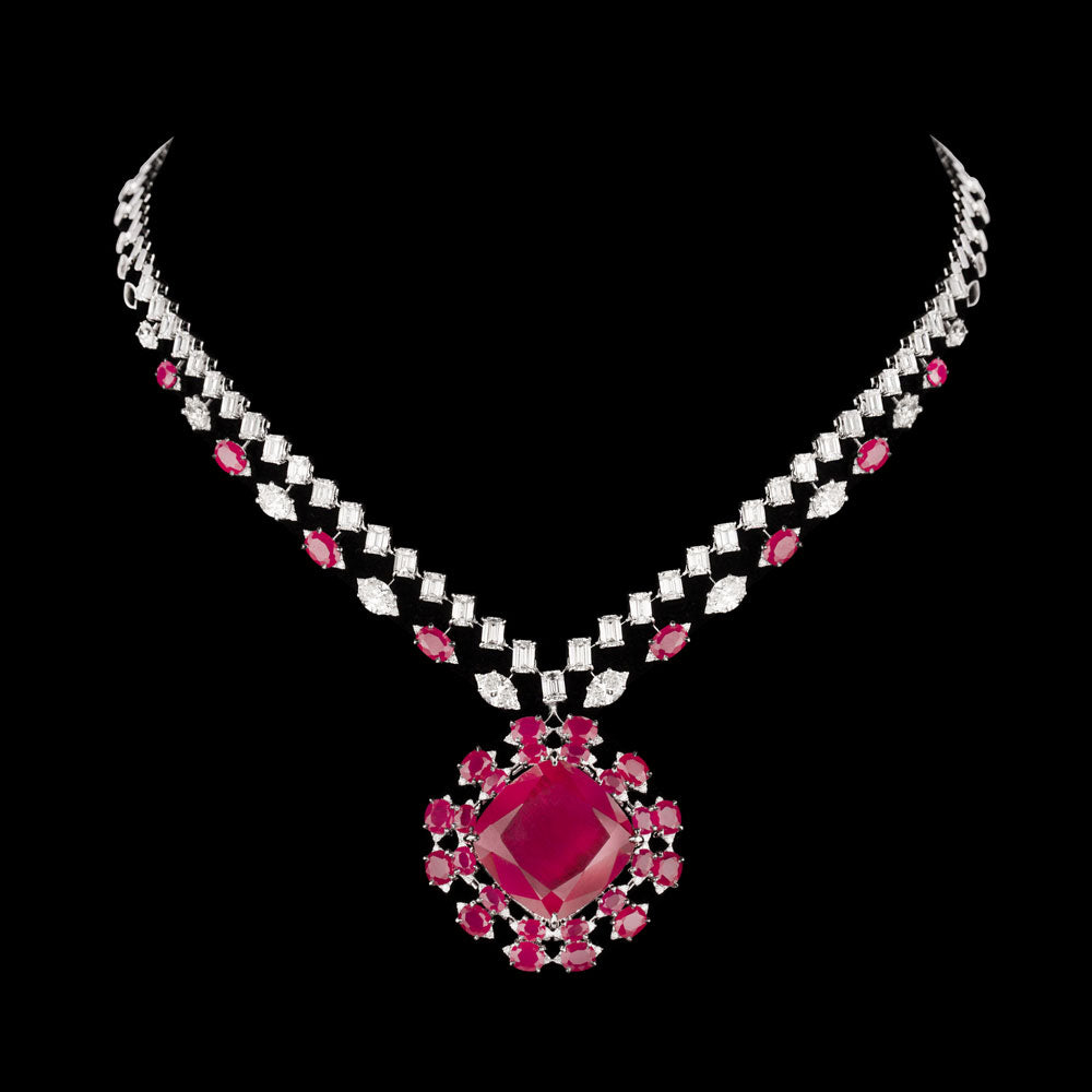 18K White Gold Diamond Necklace - 12.43ct VVS-VS-GH with Colour Stones