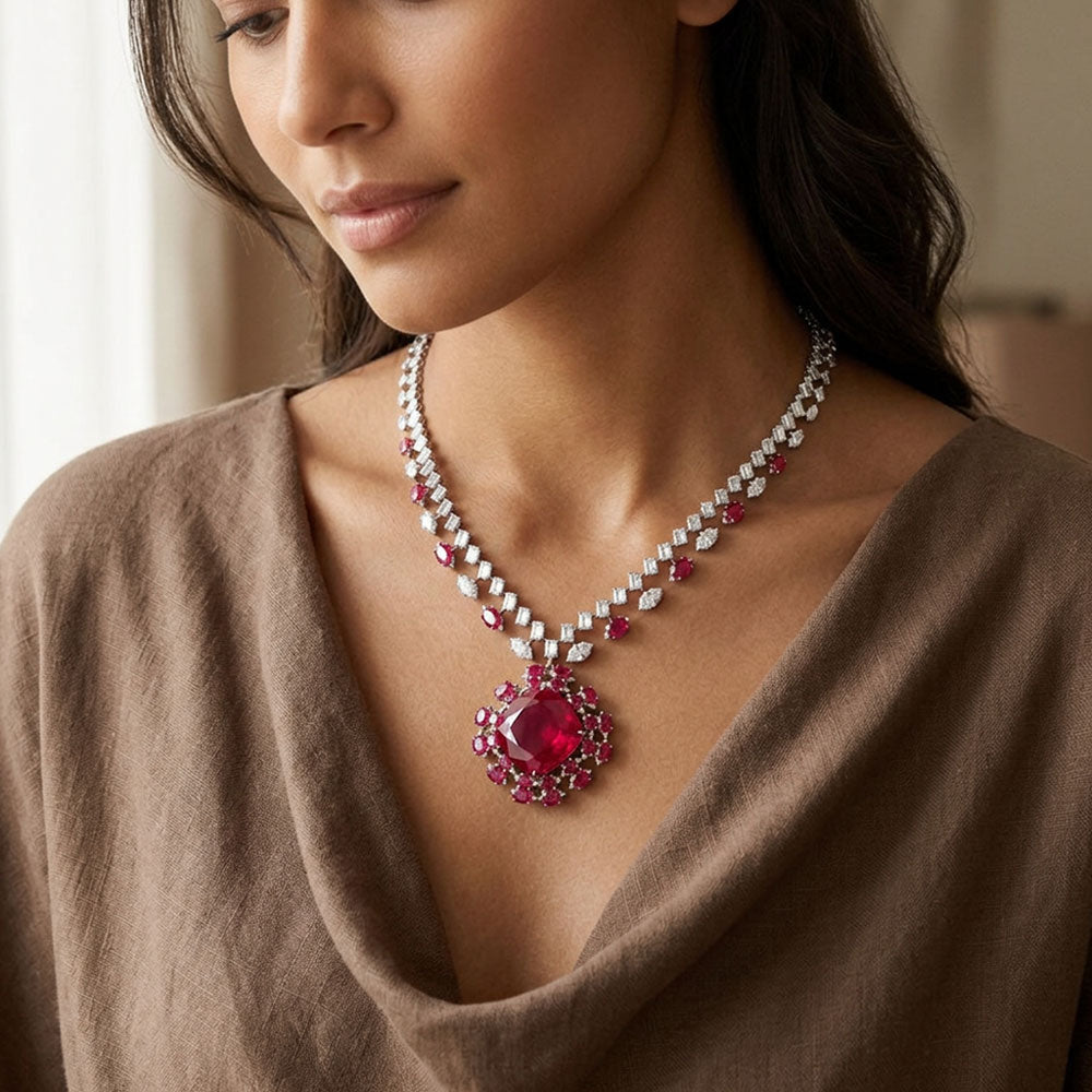 18K White Gold Diamond Necklace - 12.43ct VVS-VS-GH with Colour Stones