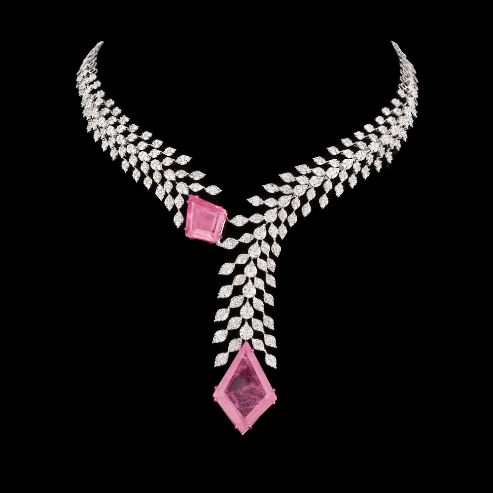 18K White Gold Diamond Necklace - 15.55ct VVS-FG with Colour Stones