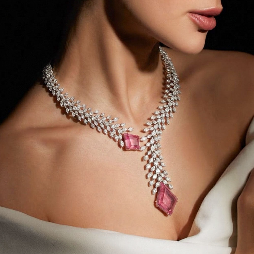 18K White Gold Diamond Necklace - 15.55ct VVS-FG with Colour Stones