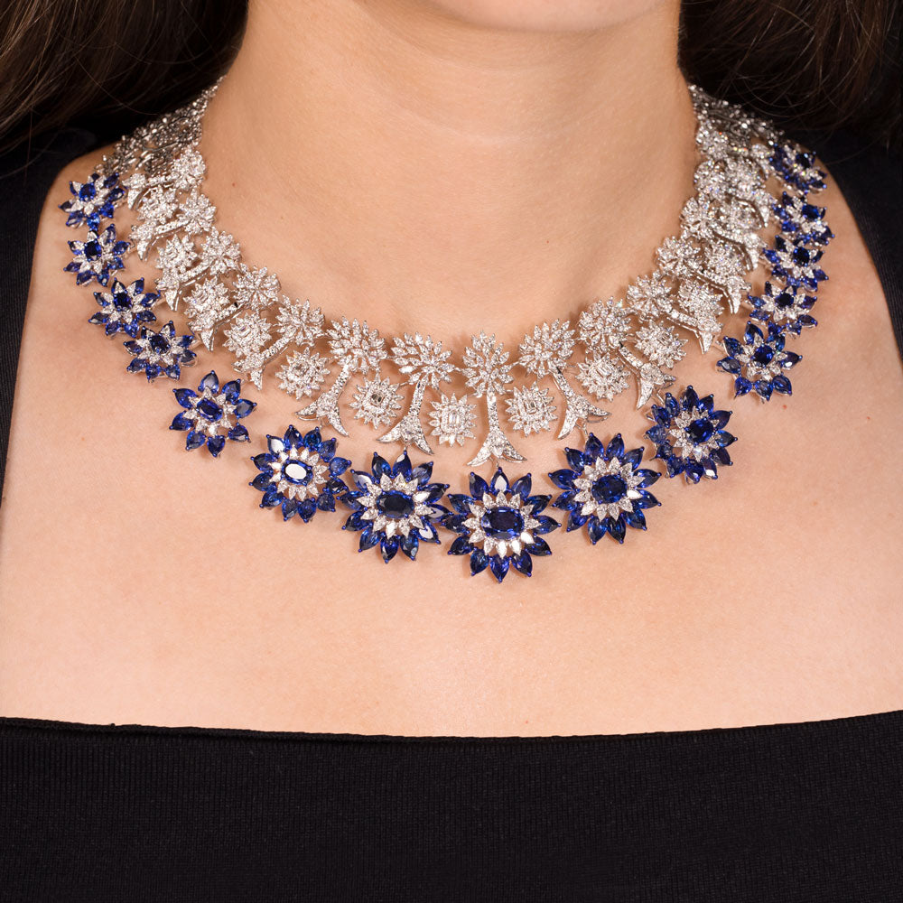 18K White Gold Diamond Necklace - 102.51ct VVS-VS-EF with Colour Stones