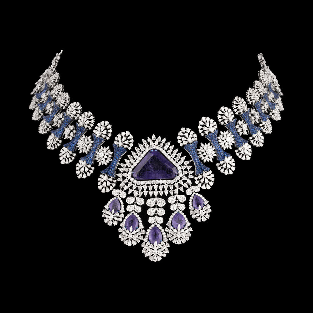 18K White Gold Diamond Necklace - 23.113ct VVS-VS-EF with Colour Stones