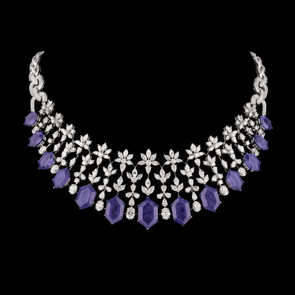 18K White Gold Diamond Necklace - 20.299ct VS-SI-HI with Colour Stones