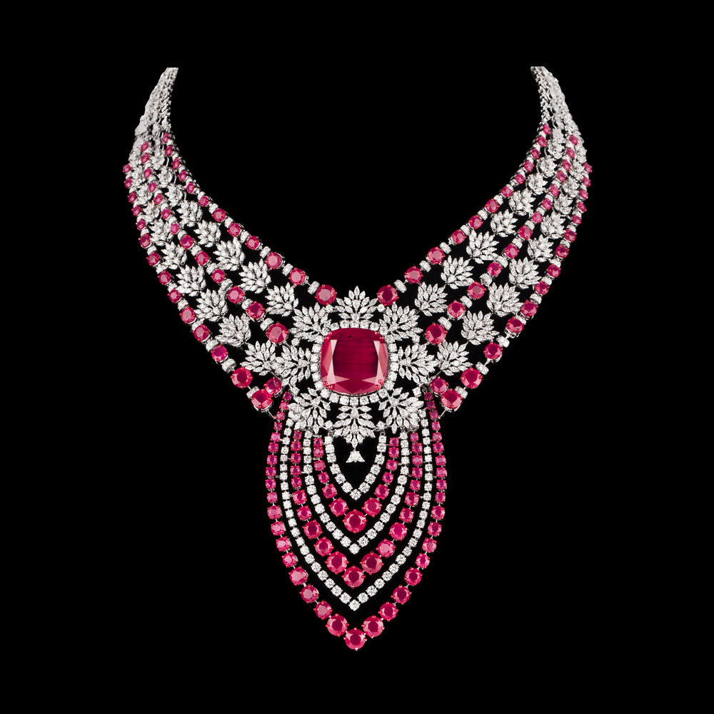 18K White Gold Diamond Necklace - 22.38ct VVS-VS-EF with Colour Stones