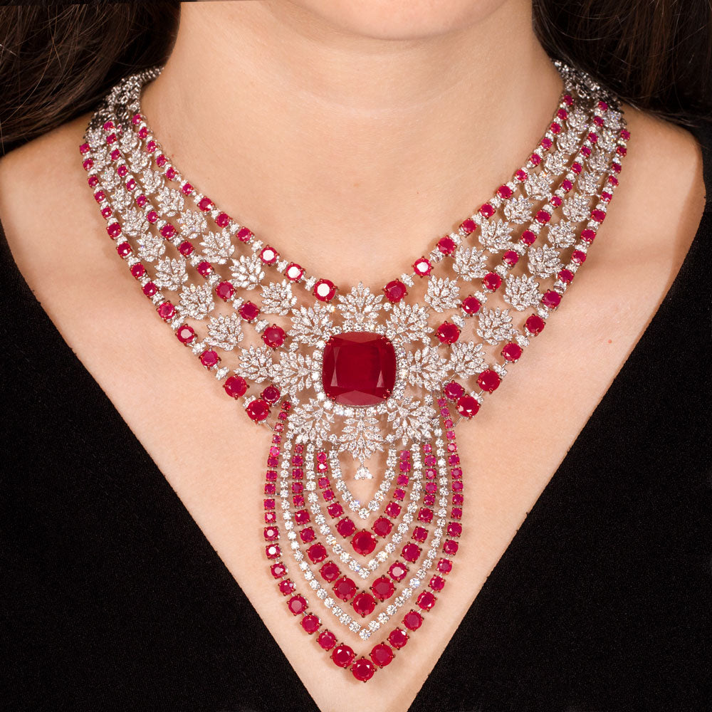 18K White Gold Diamond Necklace - 22.38ct VVS-VS-EF with Colour Stones