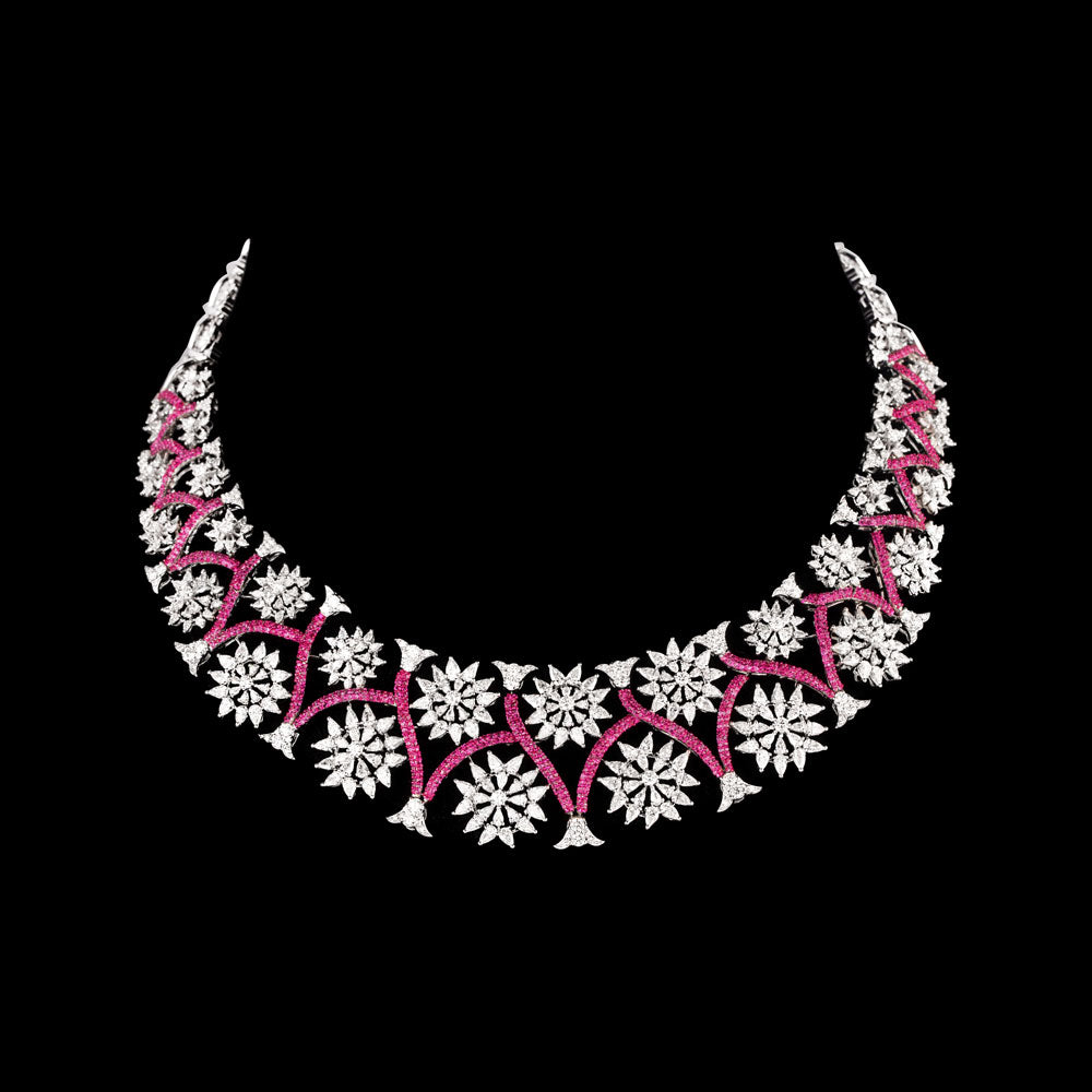 18K White Gold Diamond Necklace - 18.363ct VVS-VS-EF with Colour Stones