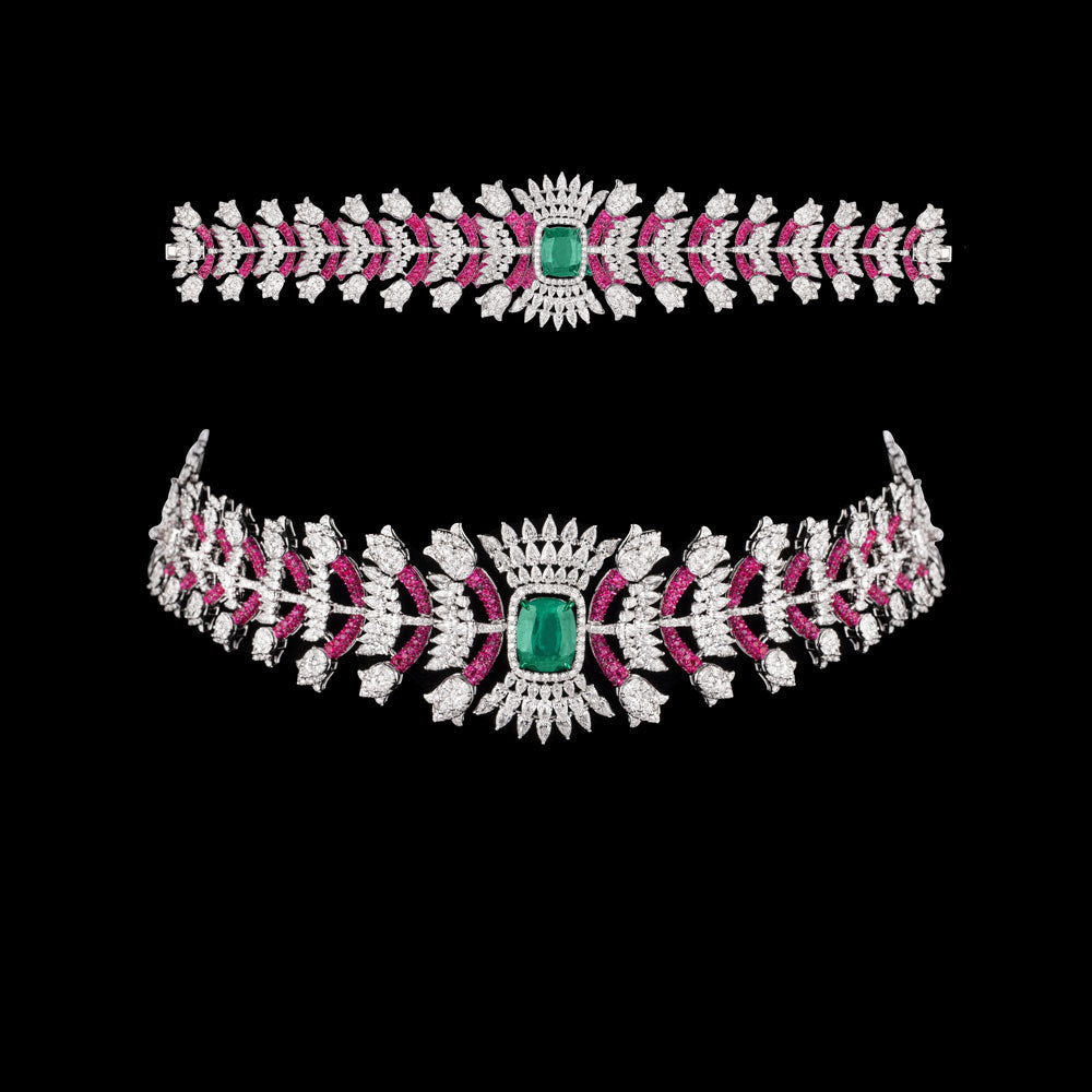 18K White Gold Diamond Necklace - 15.578ct VVS-VS-EF with Colour Stones