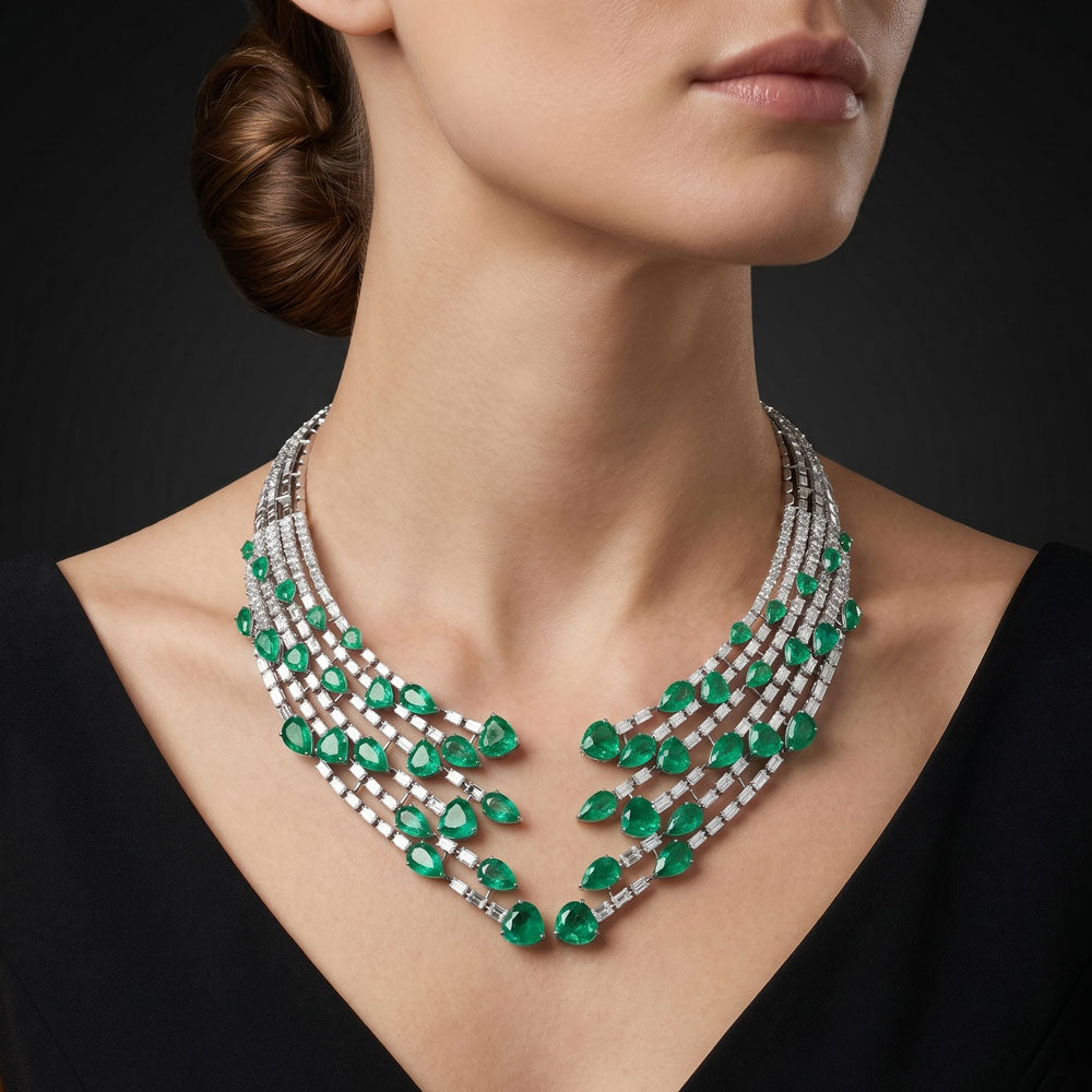 18K White Gold Diamond Necklace - 28.972ct VVS-VS-GH with Colour Stones