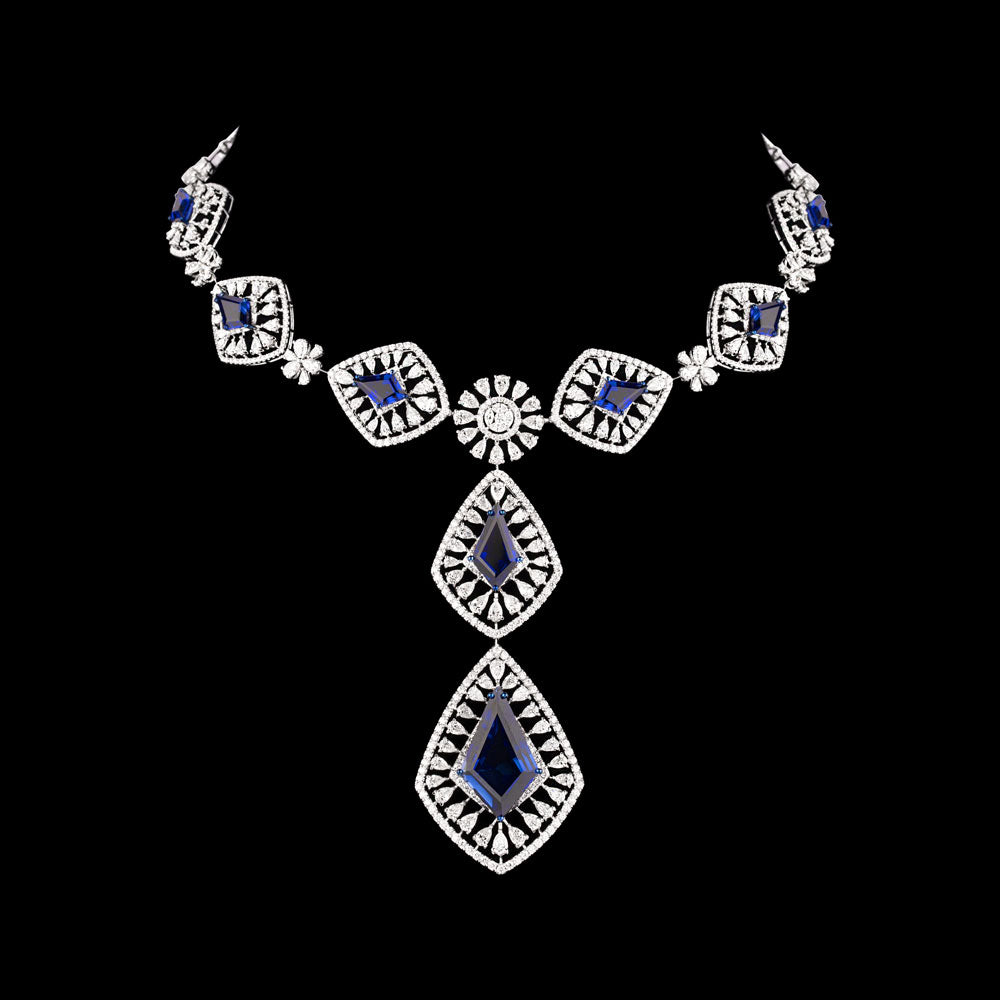 18K White Gold Diamond Necklace - 15.826ct VVS-FG with Colour Stones
