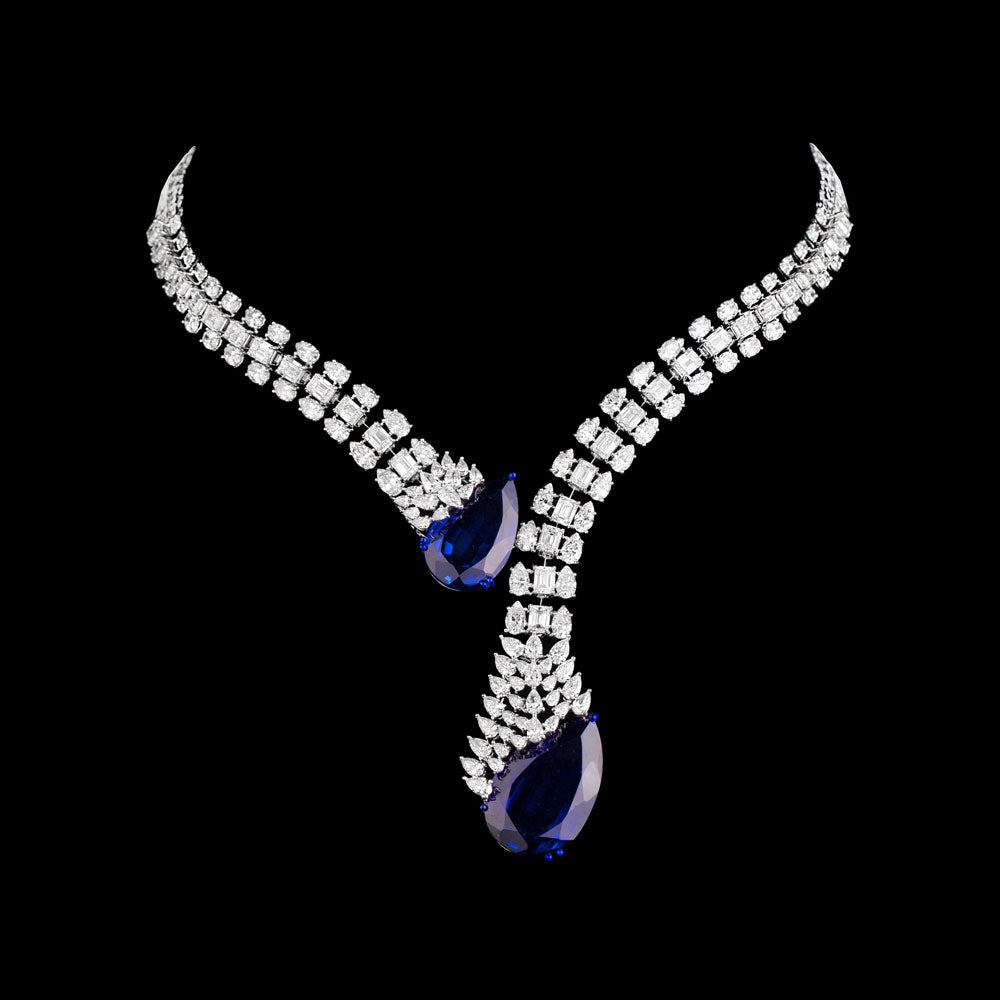 18K White Gold Diamond Necklace - 38.9ct VS-SI-IJ with Colour Stones