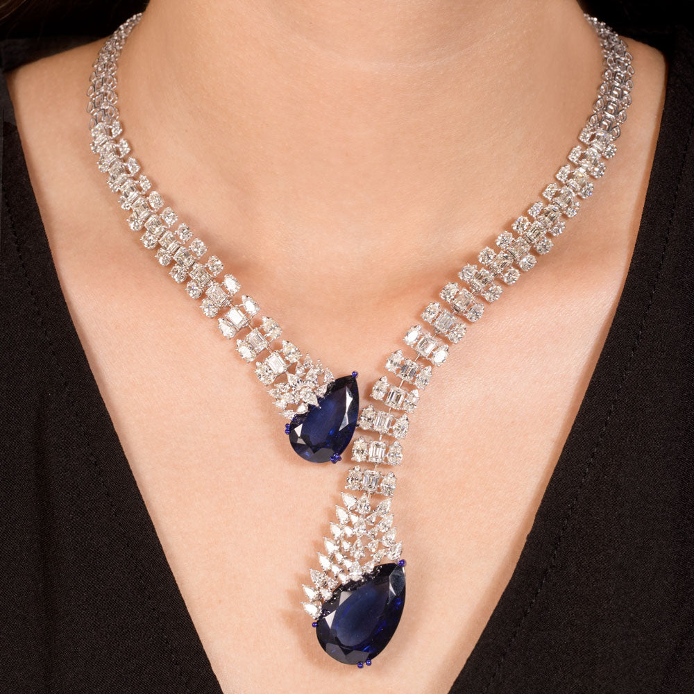 18K White Gold Diamond Necklace - 38.9ct VS-SI-IJ with Colour Stones