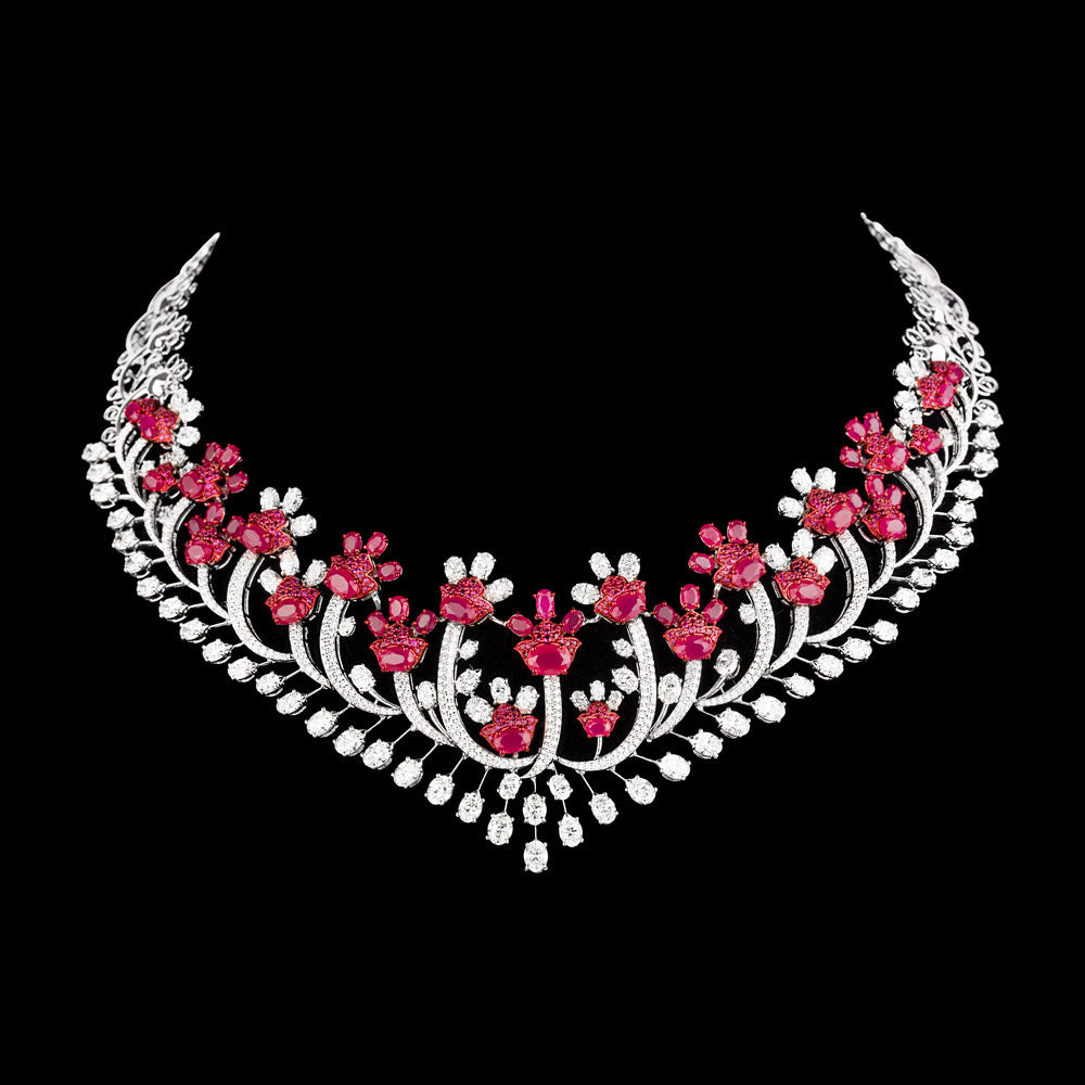 18K White Gold Diamond Necklace - 21.28ct VS-SI-GH with Colour Stones