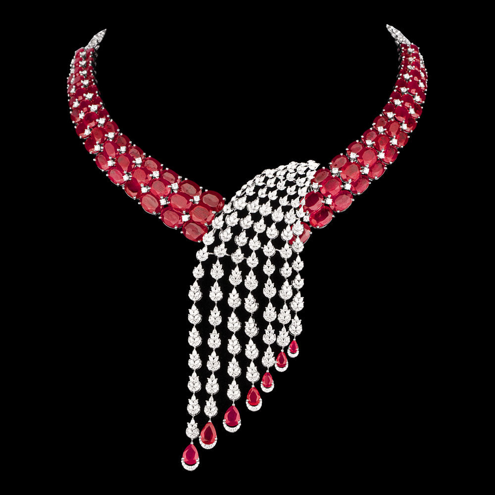 18K White Gold Diamond Necklace - 11.19ct VVS-FG with Colour Stones