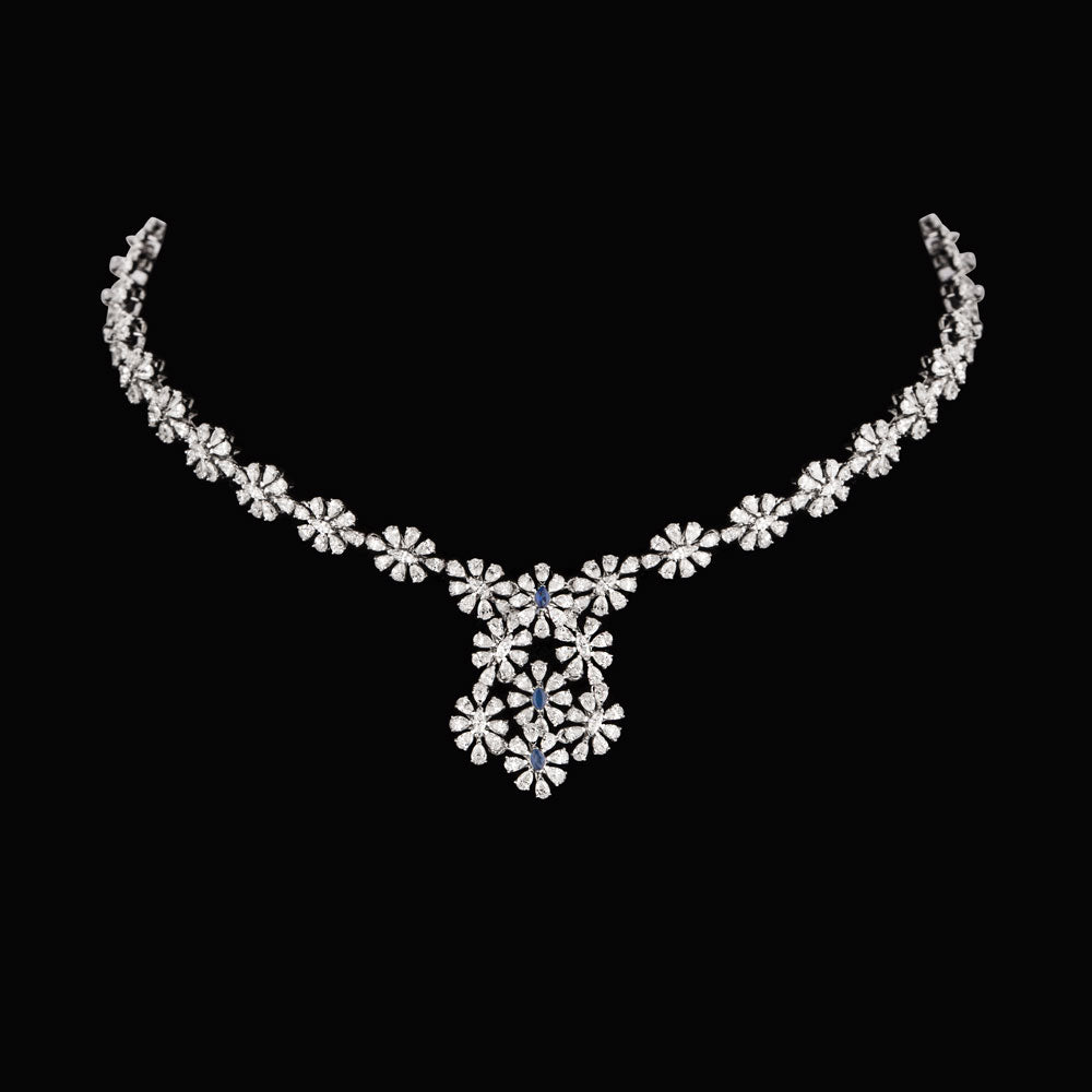 18K White Gold Diamond Necklace - 8.535ct VVS-FG with Colour Stones