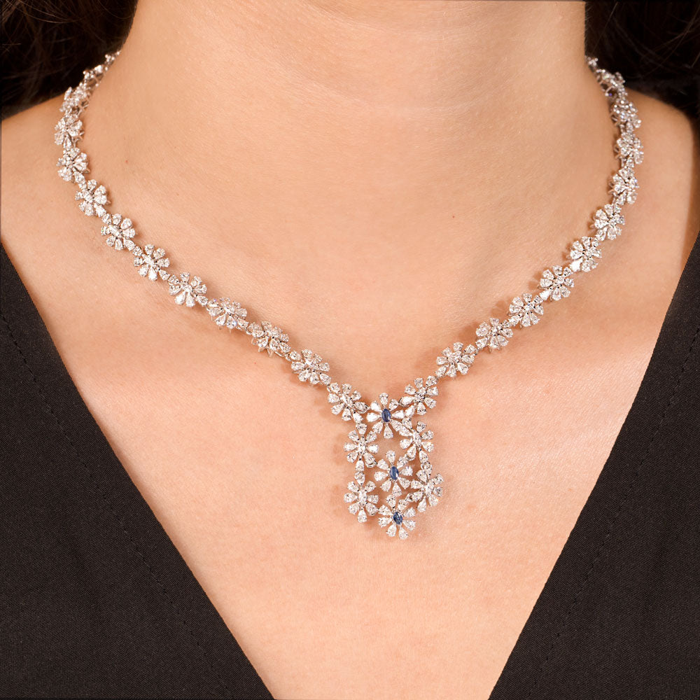 18K White Gold Diamond Necklace - 8.535ct VVS-FG with Colour Stones
