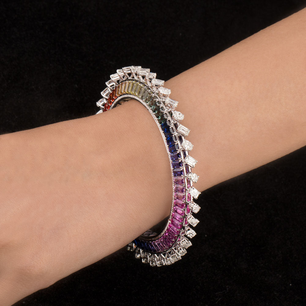18K White Gold Diamond Bangle - 11.96ct VVS-VS-GH with Colour Stones