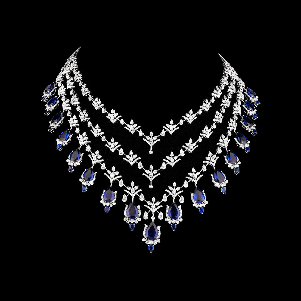 18K White Gold Diamond Necklace - 26.882ct VVS-VS-EF with Colour Stones