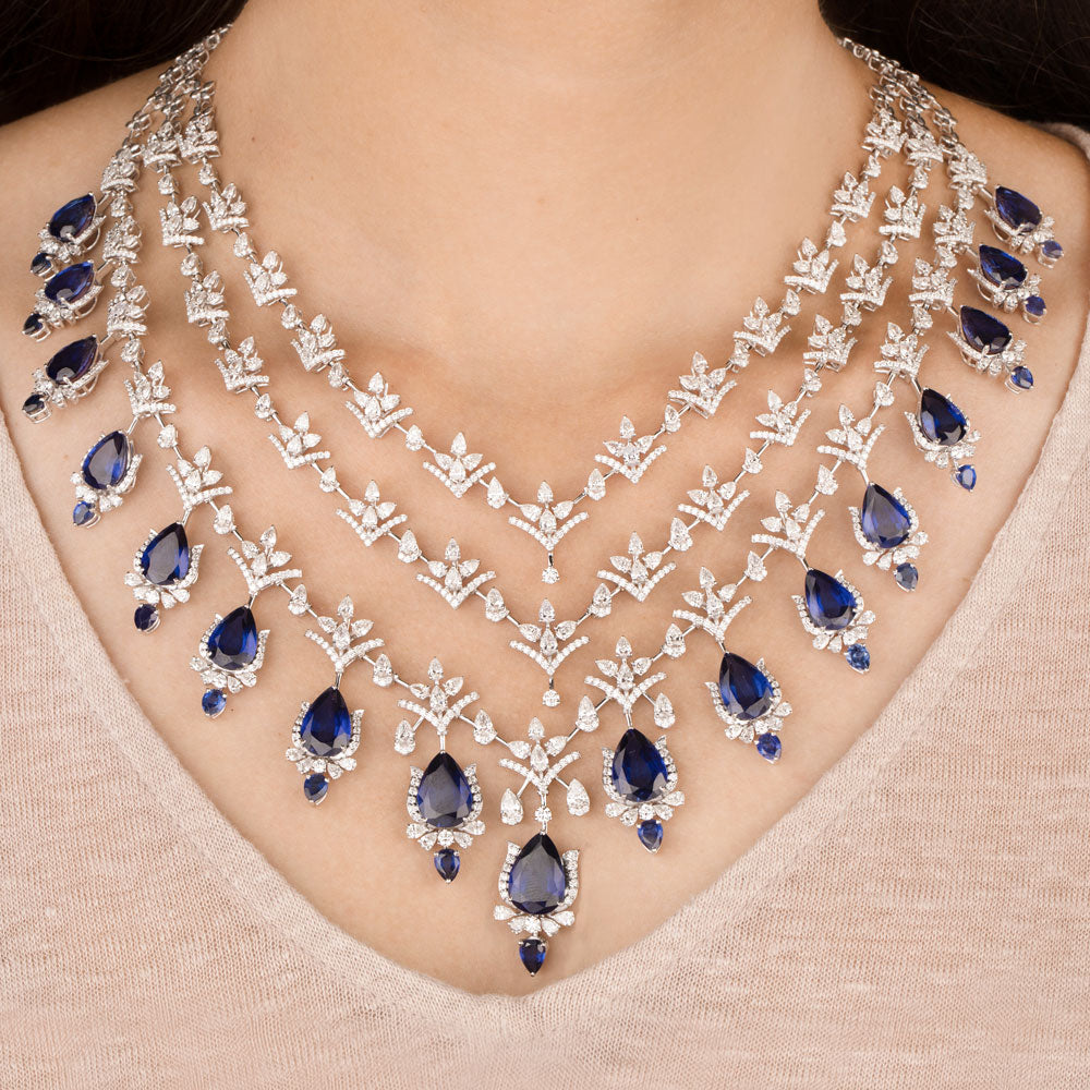 18K White Gold Diamond Necklace - 26.882ct VVS-VS-EF with Colour Stones