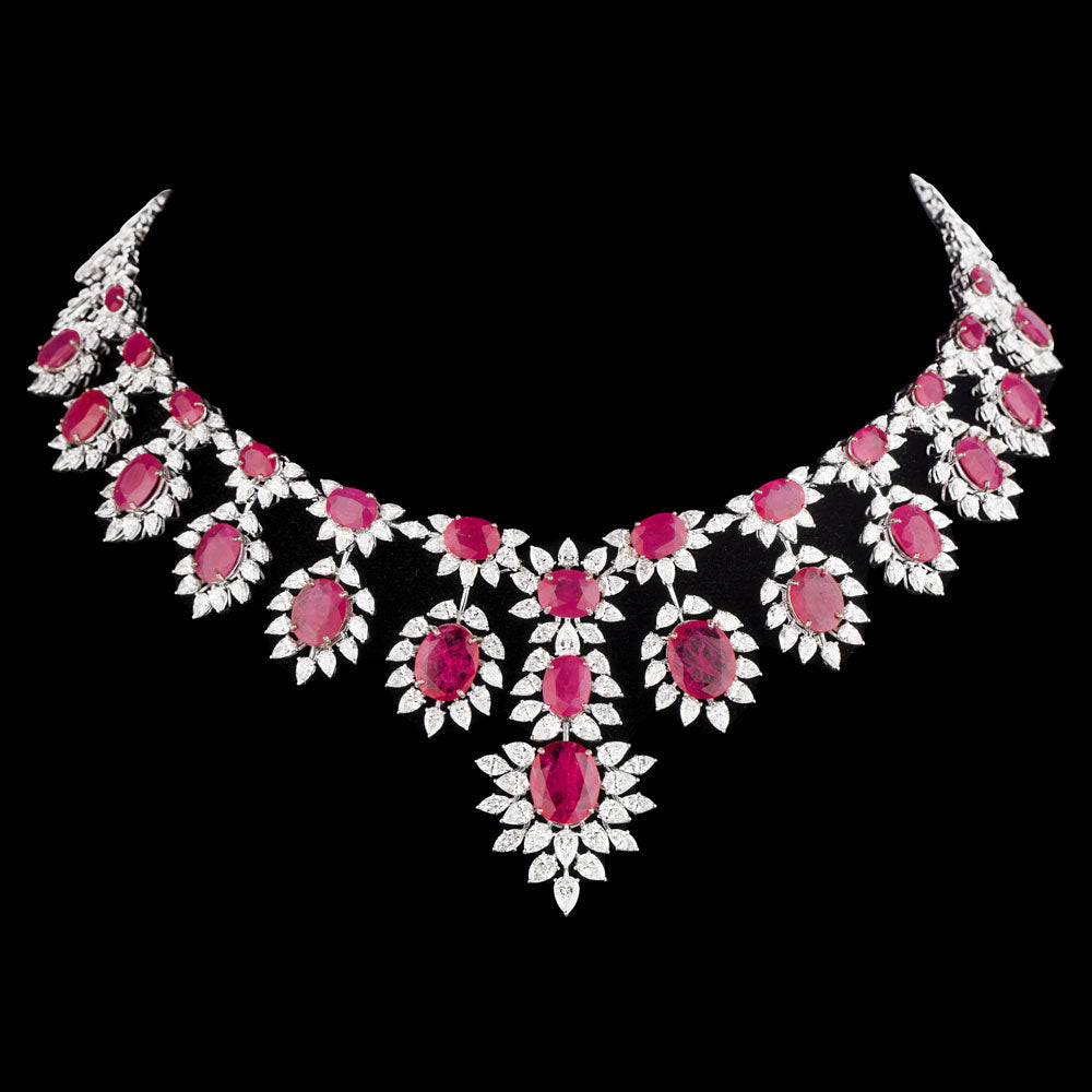 18K White Gold Diamond Necklace - 23.62ct VVS-VS-EF with Colour Stones