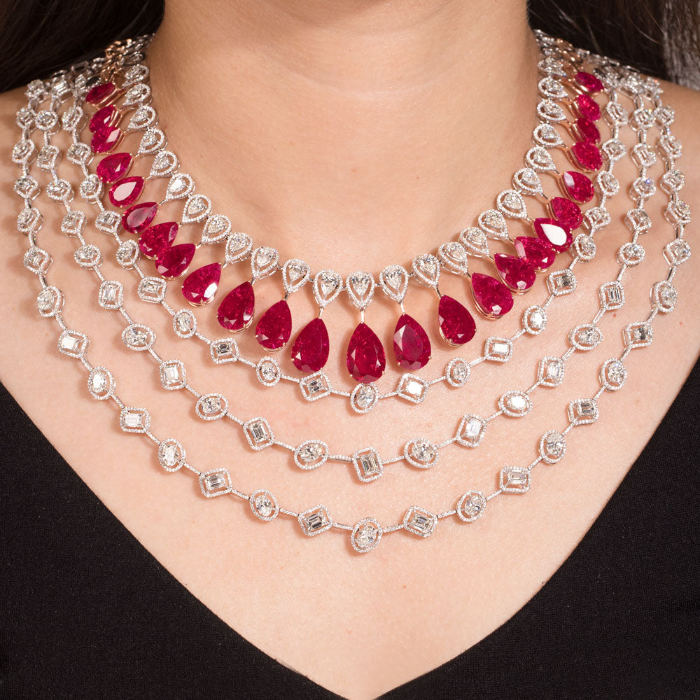 18K White Gold Diamond Necklace - 33.285ct VVS-VS-GH with Colour Stones