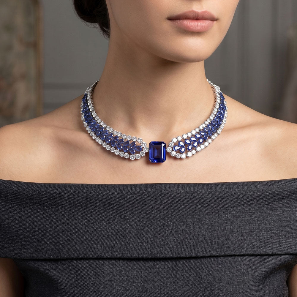 18K White Gold Diamond Necklace - 24.06ct VVS-VS-IJ with Colour Stones