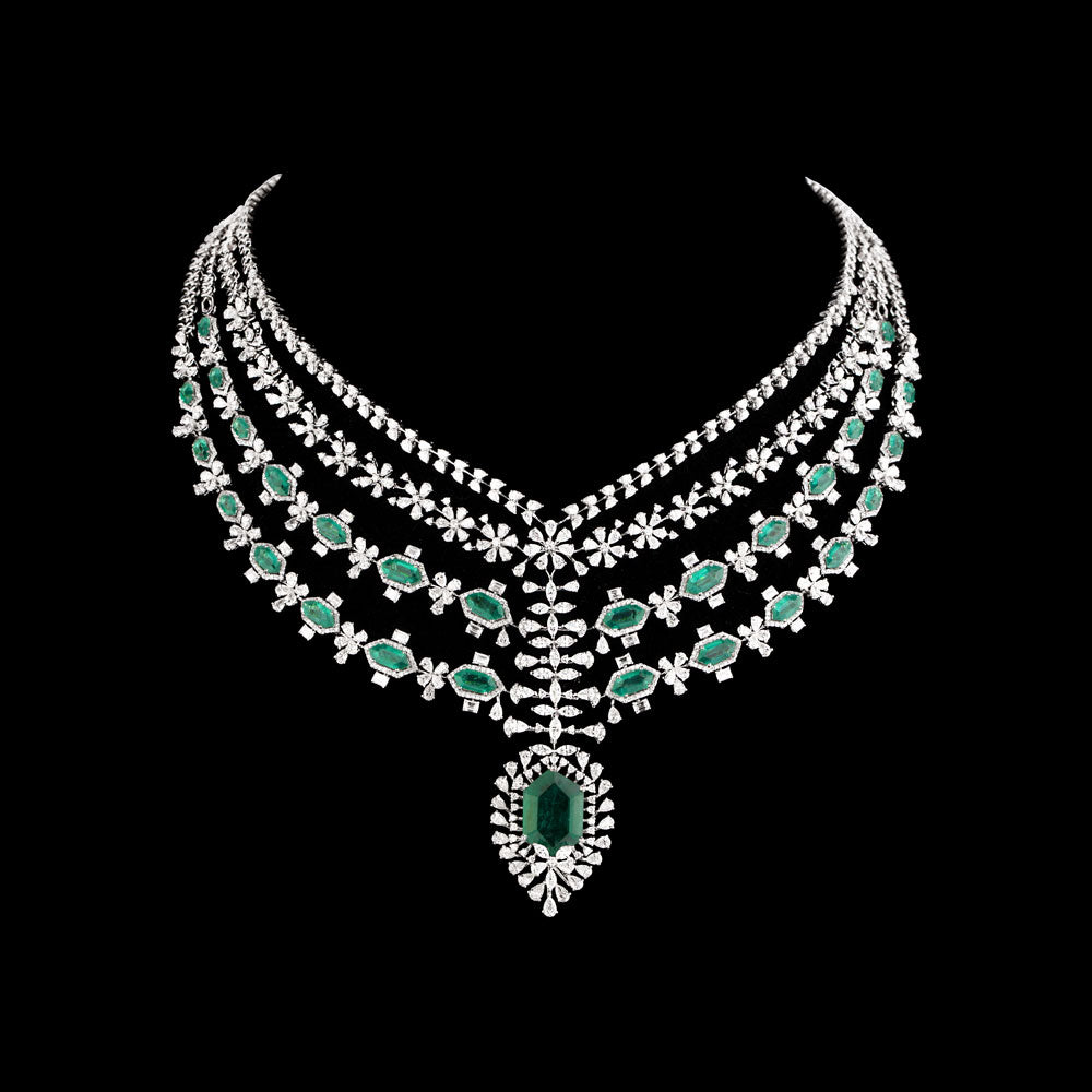 18K White Gold Diamond Necklace - 28.402ct VVS-VS-EF with Colour Stones