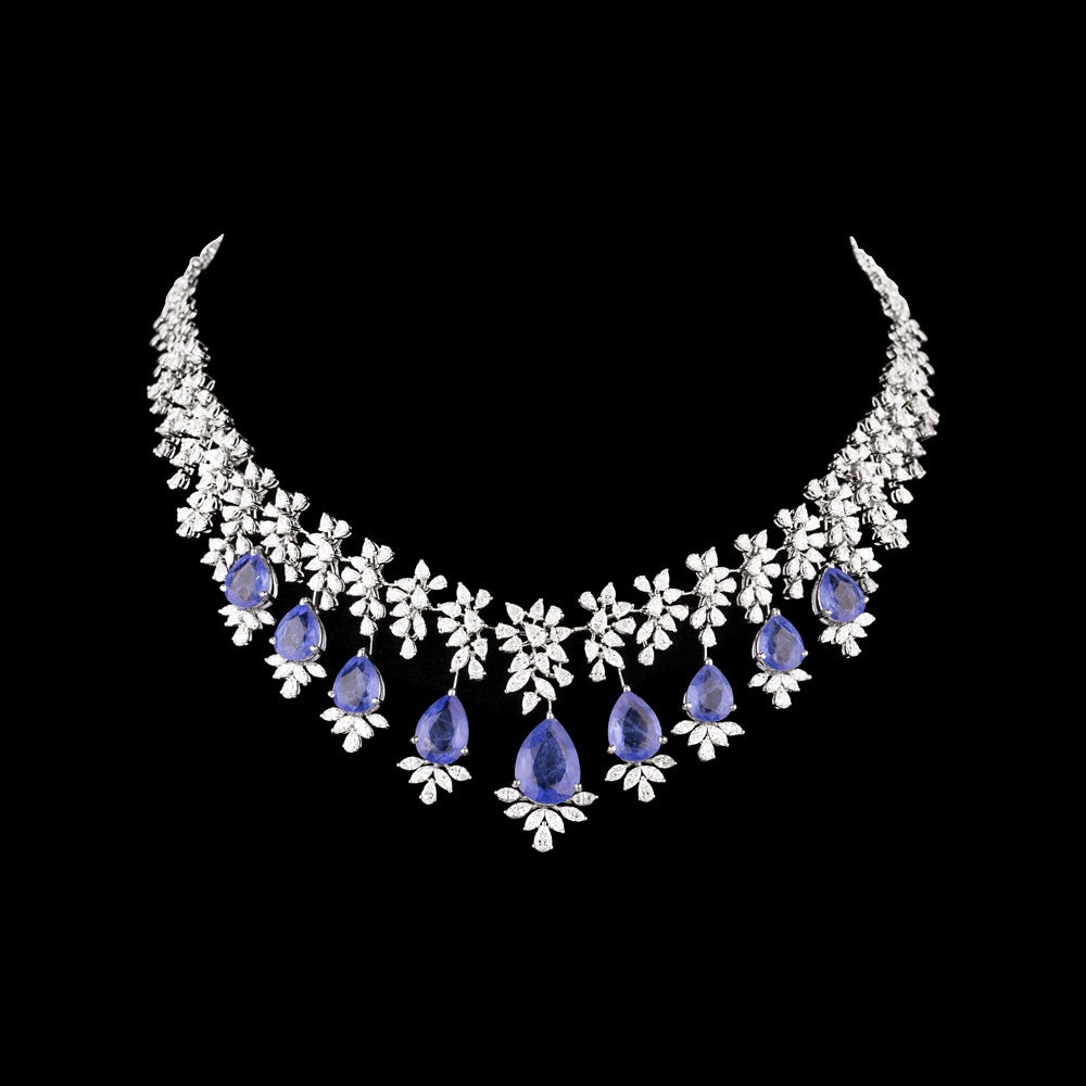 18K White Gold Diamond Necklace - 16.12ct VVS-VS-EF with Colour Stones