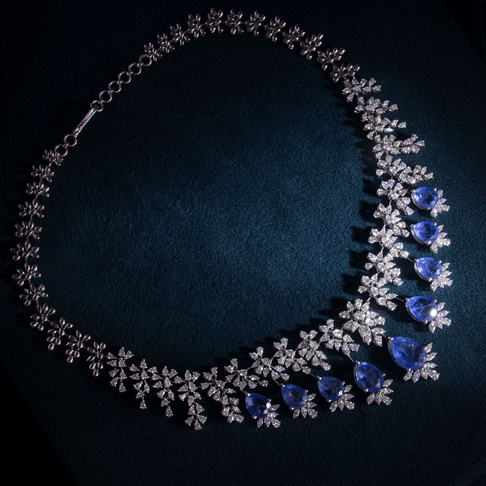 18K White Gold Diamond Necklace - 16.12ct VVS-VS-EF with Colour Stones