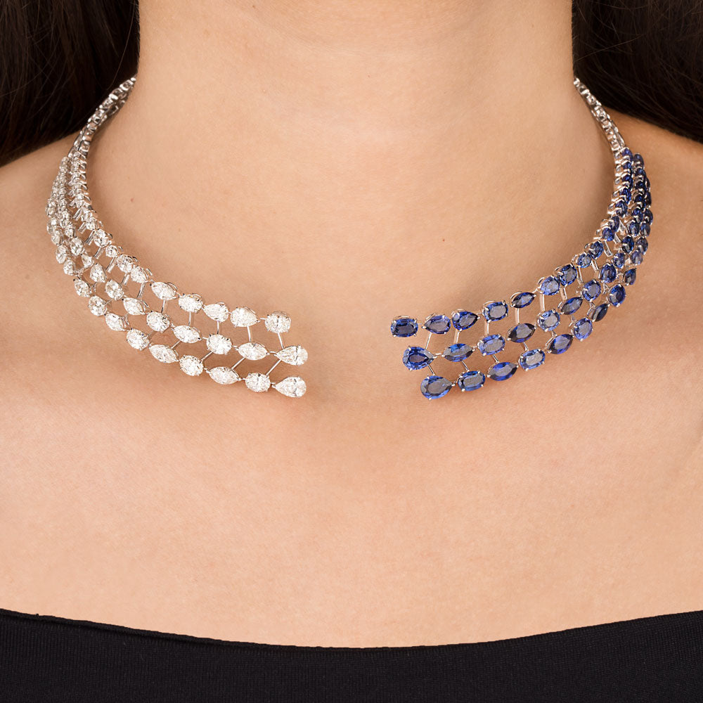18K White Gold Diamond Necklace - 10.57ct VS-SI-HI with Colour Stones