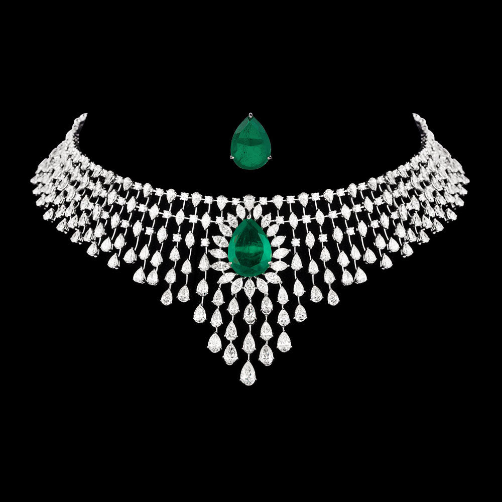 18K White Gold Diamond Necklace - 34.68ct VVS-VS-HI with Colour Stones