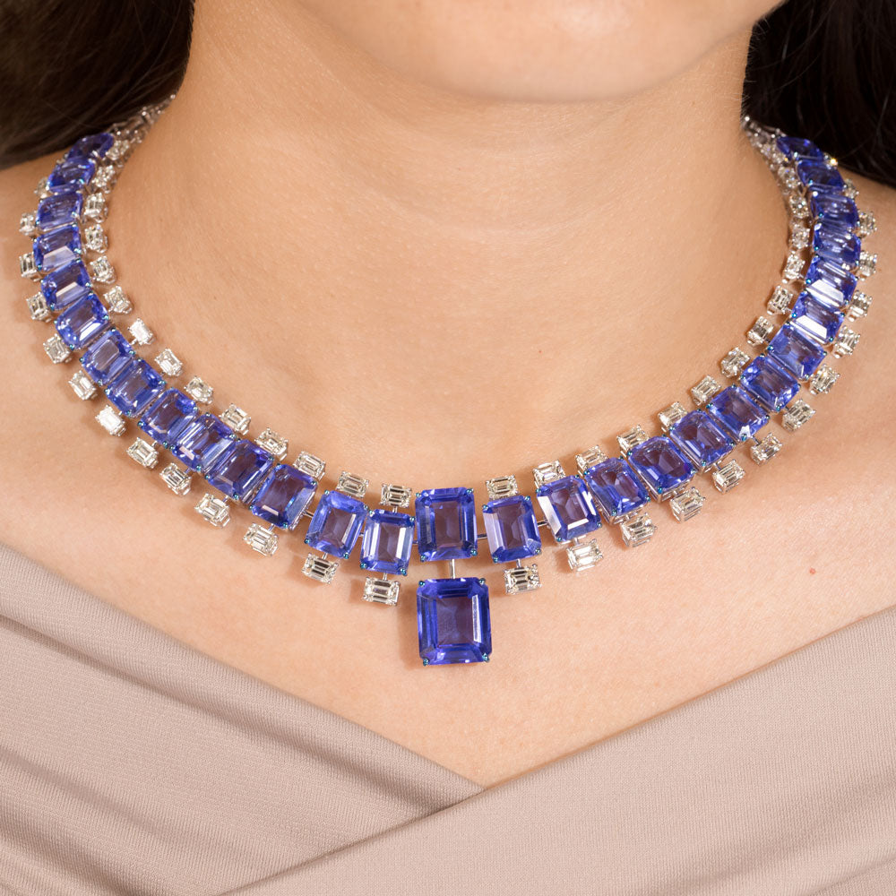 18K White Gold Diamond Necklace - 19.28ct VS-SI-JK with Colour Stones