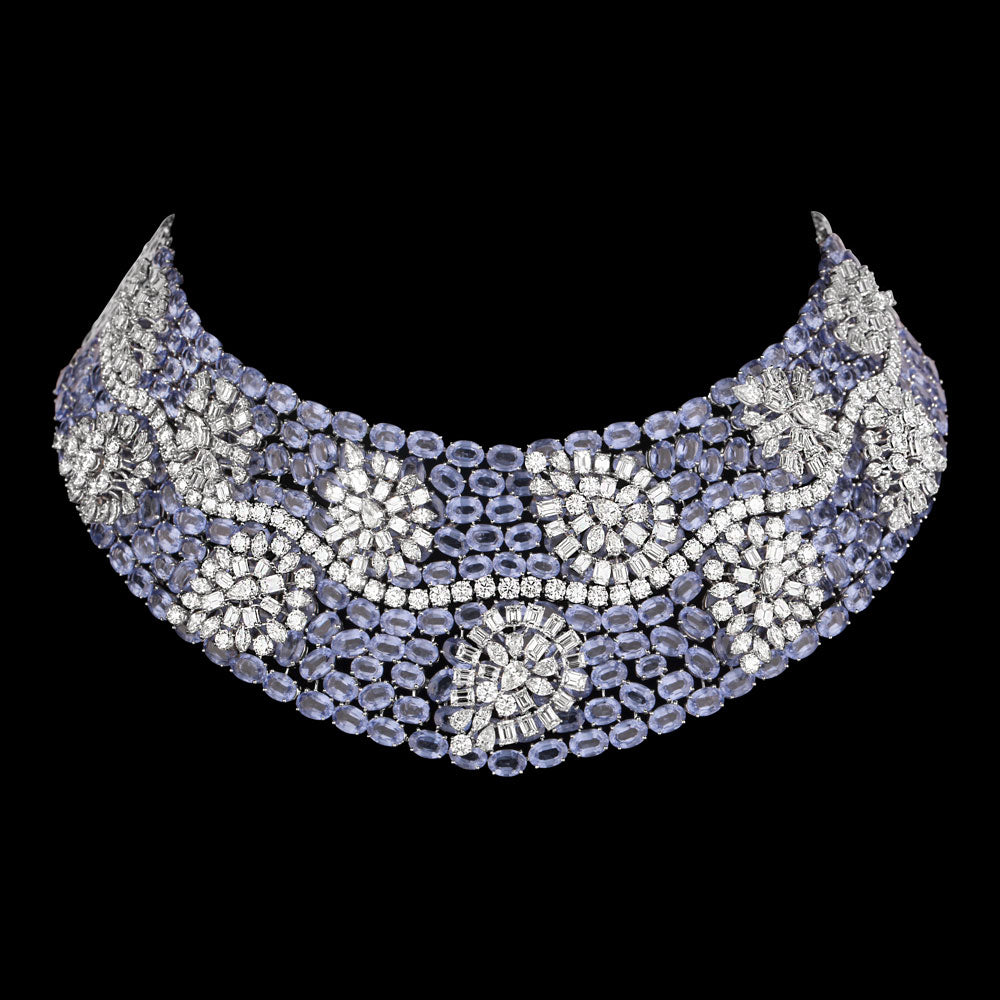 14K White Gold Diamond Necklace - 46.136ct VVS-VS-IJ with Colour Stones