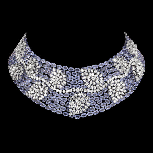 14K White Gold Diamond Necklace - 46.136ct VVS-VS-IJ with Colour Stones