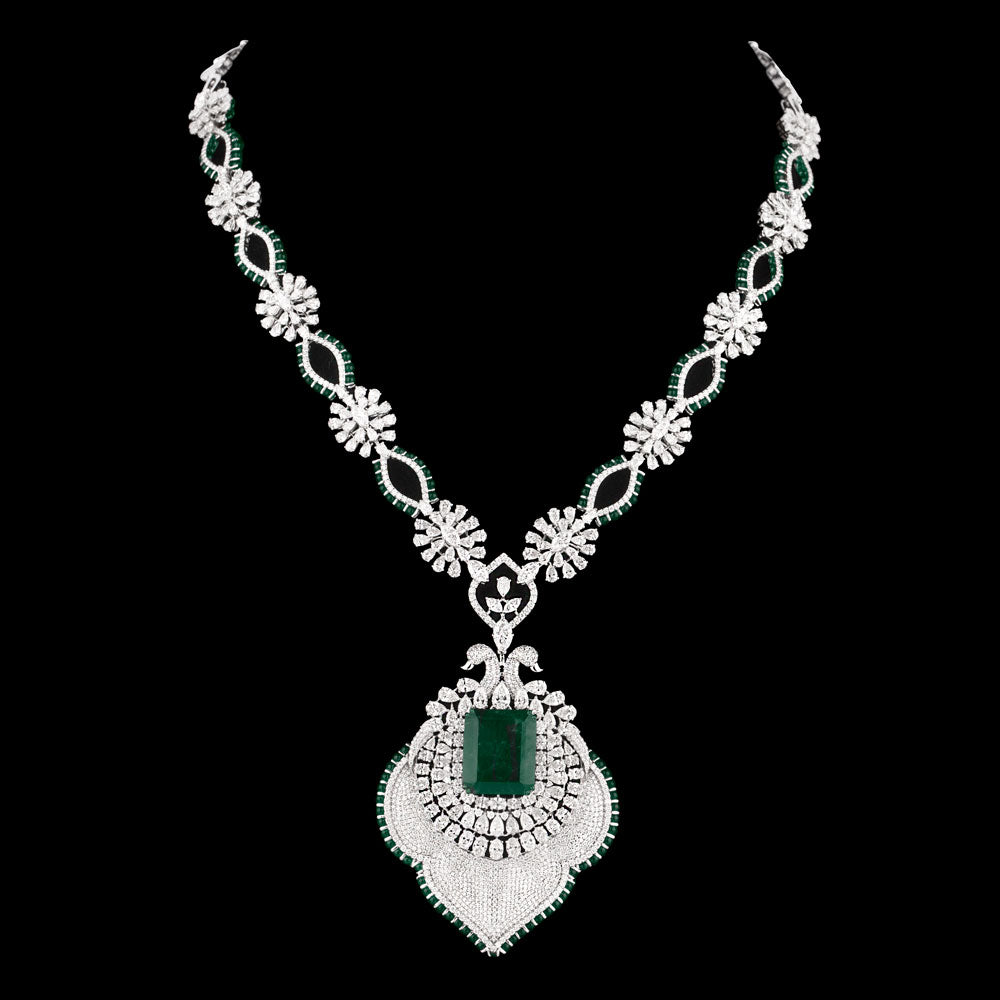 14K White Gold Diamond Necklace - 31.52ct VVS-VS-EF with Colour Stones