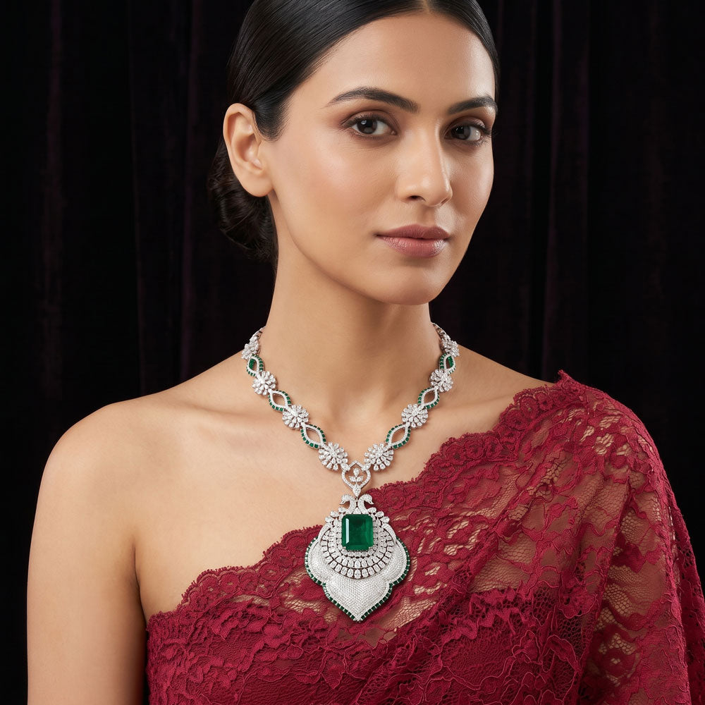 14K White Gold Diamond Necklace - 31.52ct VVS-VS-EF with Colour Stones