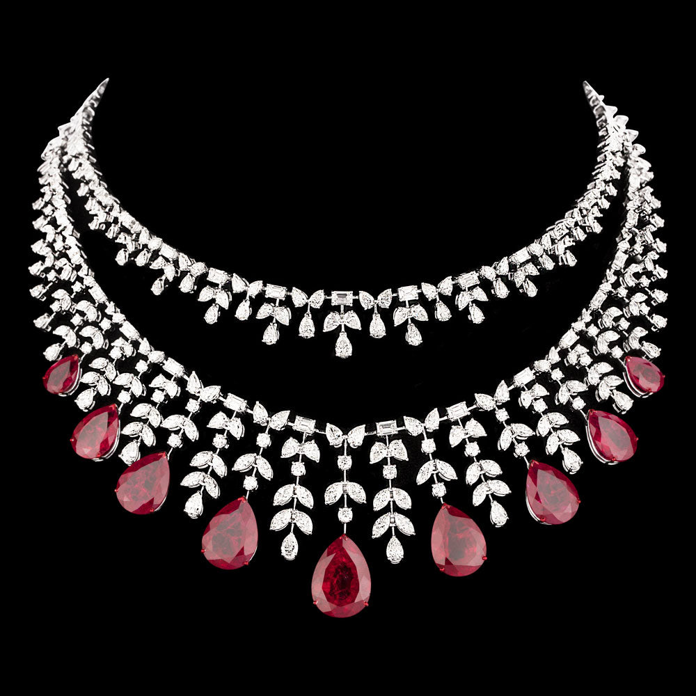 14K White Gold Diamond Necklace - 32.87ct VS-IJ with Colour Stones