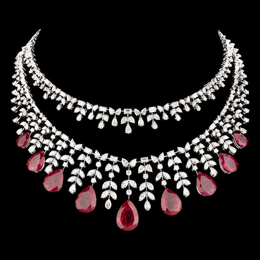 14K White Gold Diamond Necklace - 32.87ct VS-IJ with Colour Stones