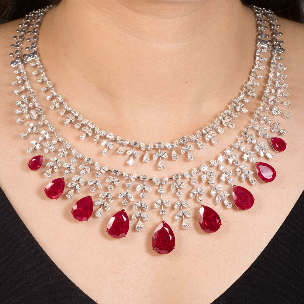 14K White Gold Diamond Necklace - 32.87ct VS-IJ with Colour Stones