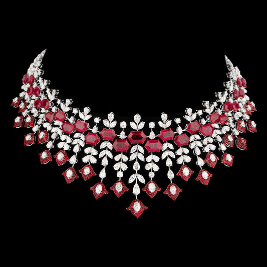 14K White Gold Diamond Necklace - 28.66ct VS-SI-IJ with Colour Stones