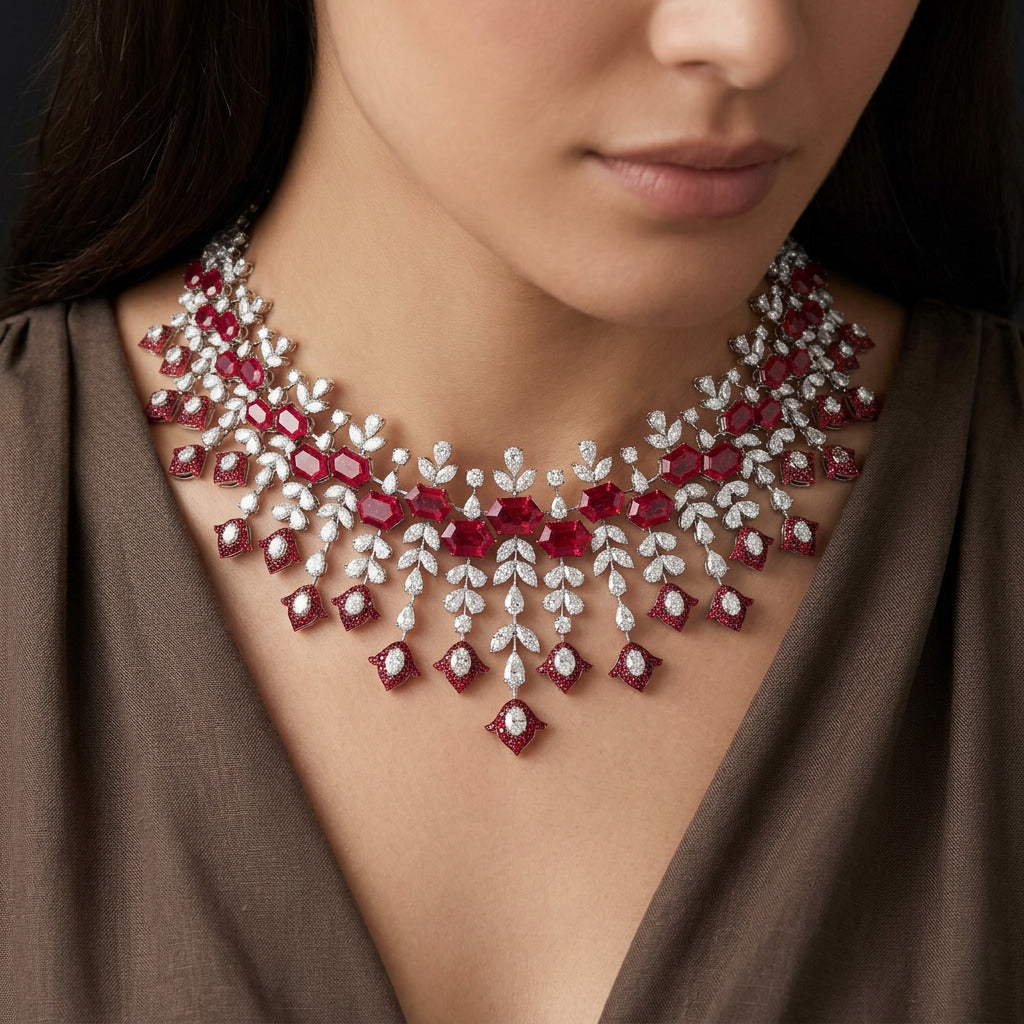 14K White Gold Diamond Necklace - 28.66ct VS-SI-IJ with Colour Stones