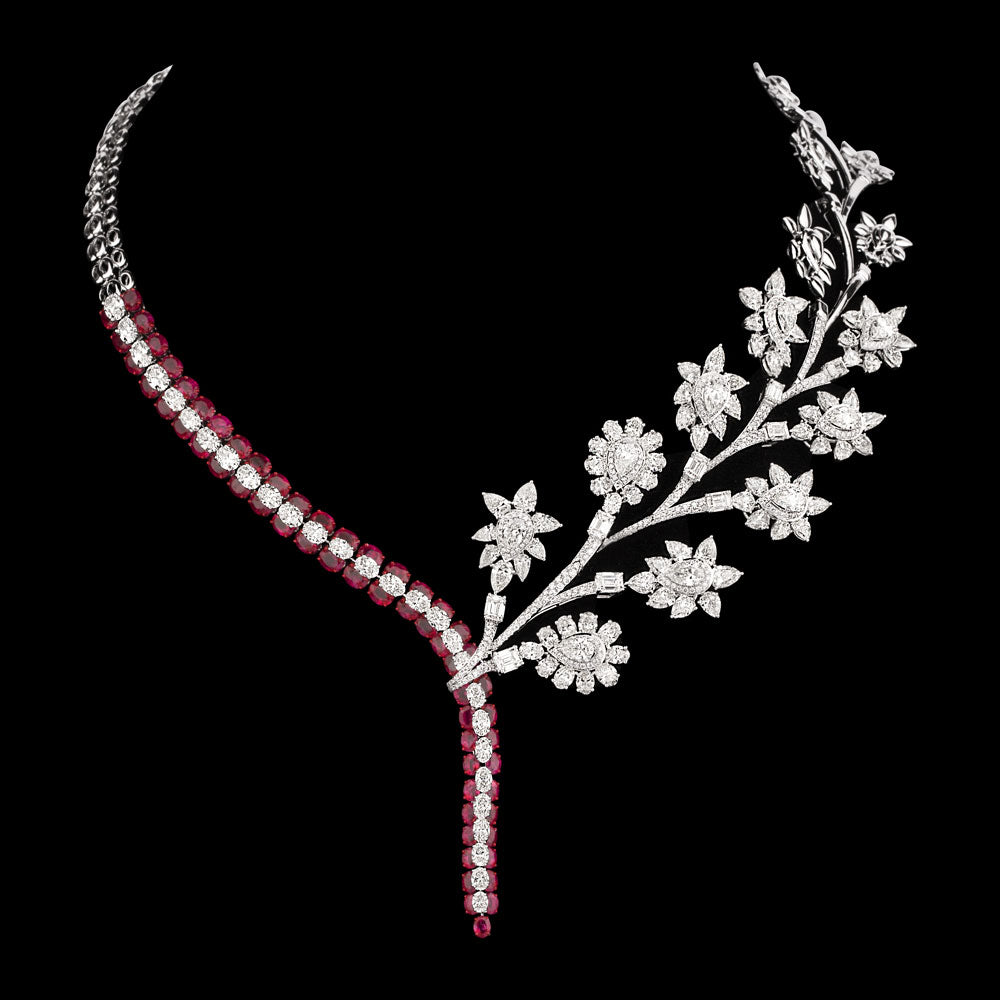 18K White Gold Diamond Necklace - 37.525ct VVS-VS-IJ with Colour Stones