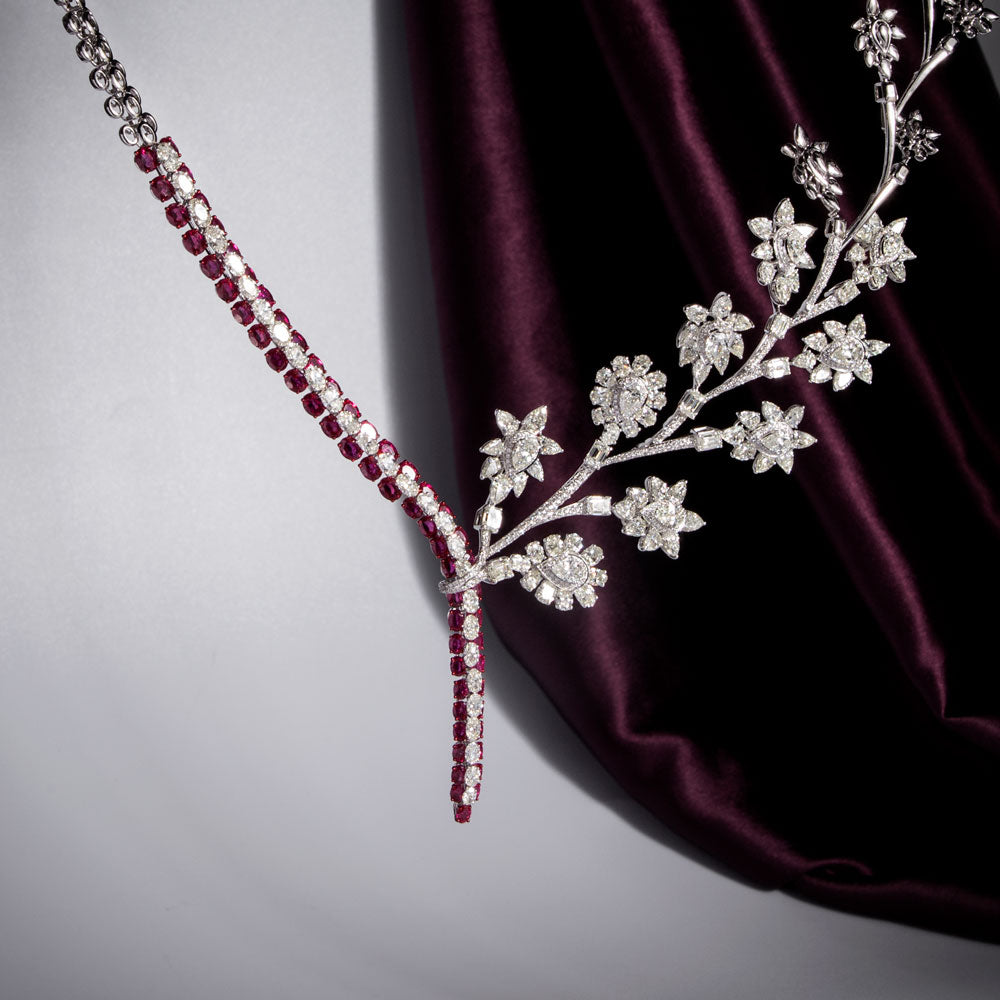 18K White Gold Diamond Necklace - 37.525ct VVS-VS-IJ with Colour Stones