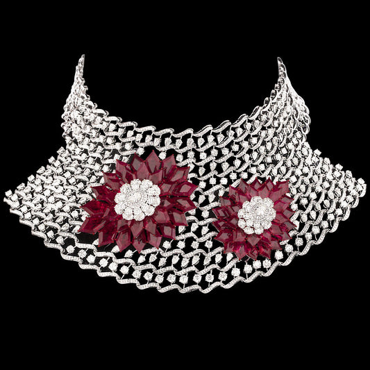 14K White Gold Diamond Necklace - 67.038ct VVS-VS-IJ with Colour Stones