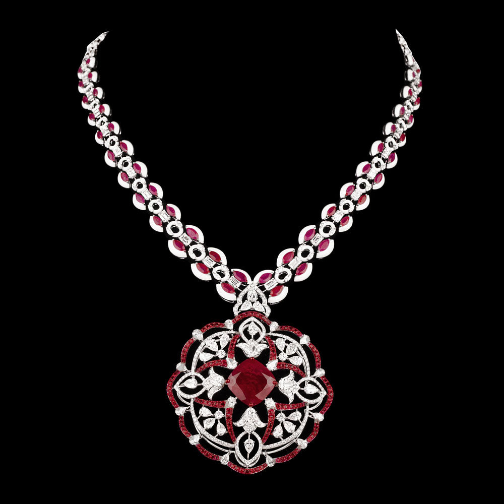 14K White Gold Diamond Necklace - 16.62ct VVS-VS-FG with Colour Stones