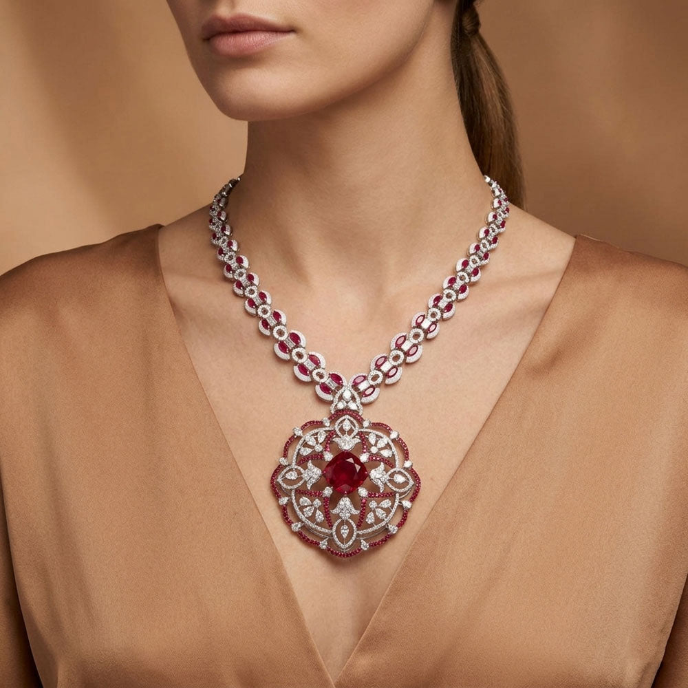 14K White Gold Diamond Necklace - 16.62ct VVS-VS-FG with Colour Stones