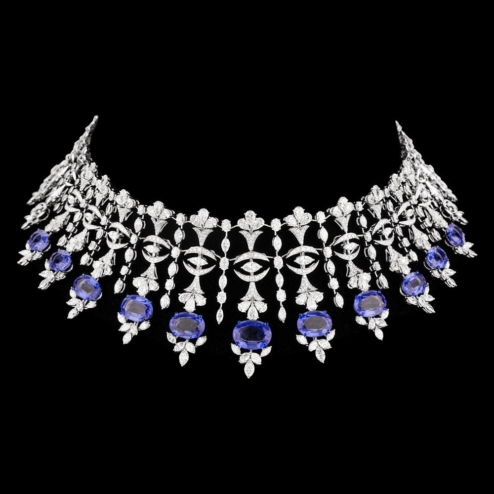 14K White Gold Diamond Necklace - 28.413ct VVS-VS-IJ with Colour Stones