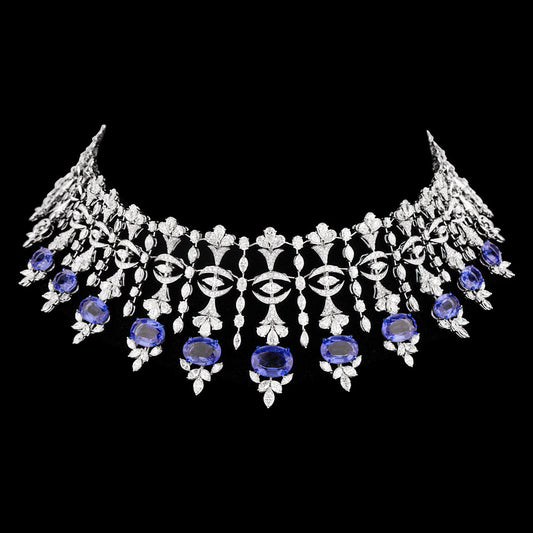 14K White Gold Diamond Necklace - 28.413ct VVS-VS-IJ with Colour Stones