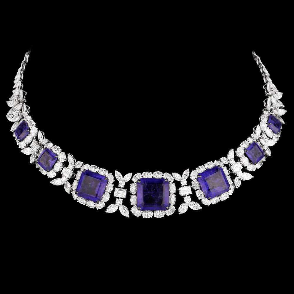 18K White Gold Diamond Necklace - 33.78ct VS-SI-HI with Colour Stones